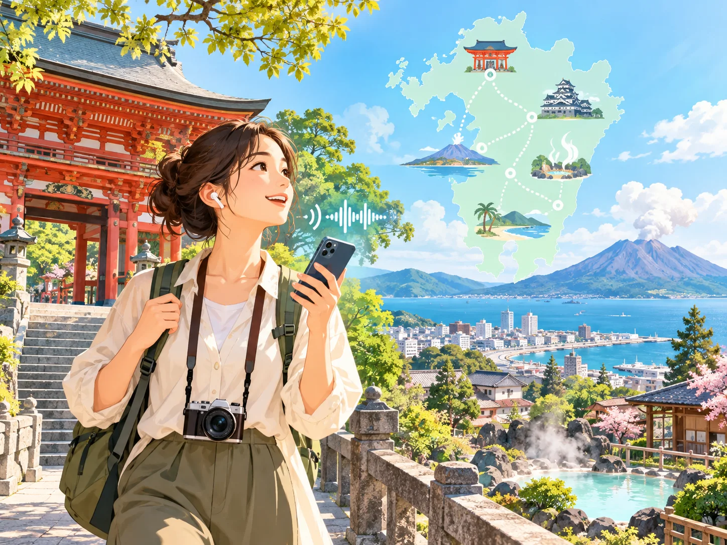 音声ガイドを聞きながら九州を旅する人のイラスト